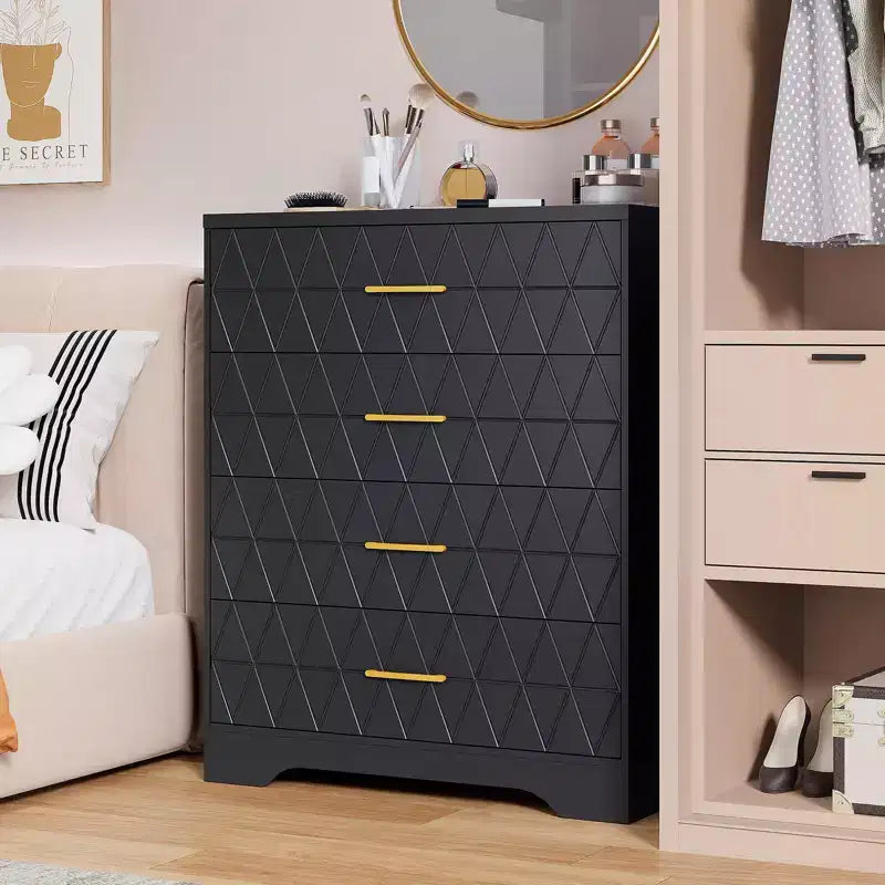 Comò in legno per camera da letto con 4 cassetti, comò moderni alti, cassettiera ampia con maniglie dorate, comodino con cassetti, armadietto organizer