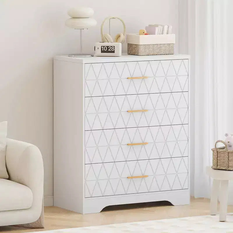 Comò in legno per camera da letto con 4 cassetti, comò moderni alti, cassettiera ampia con maniglie dorate, comodino con cassetti, armadietto organizer