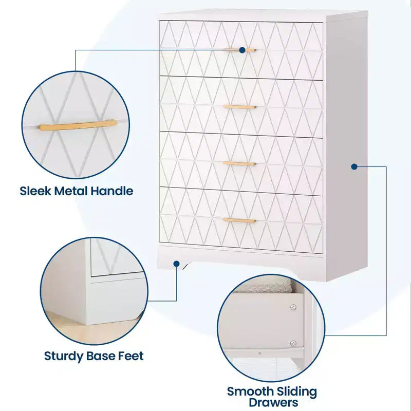 Comò in legno per camera da letto con 4 cassetti, comò moderni alti, cassettiera ampia con maniglie dorate, comodino con cassetti, armadietto organizer
