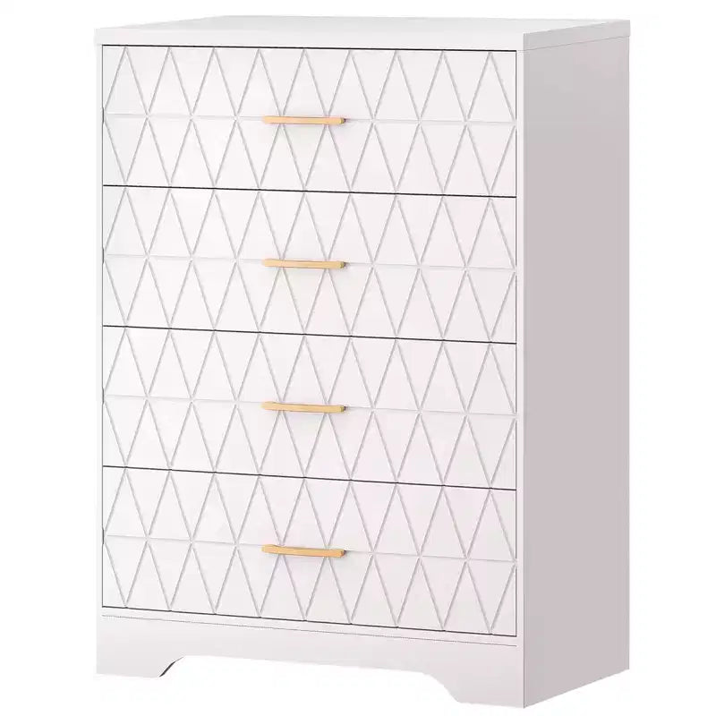 Comò in legno per camera da letto con 4 cassetti, comò moderni alti, cassettiera ampia con maniglie dorate, comodino con cassetti, armadietto organizer