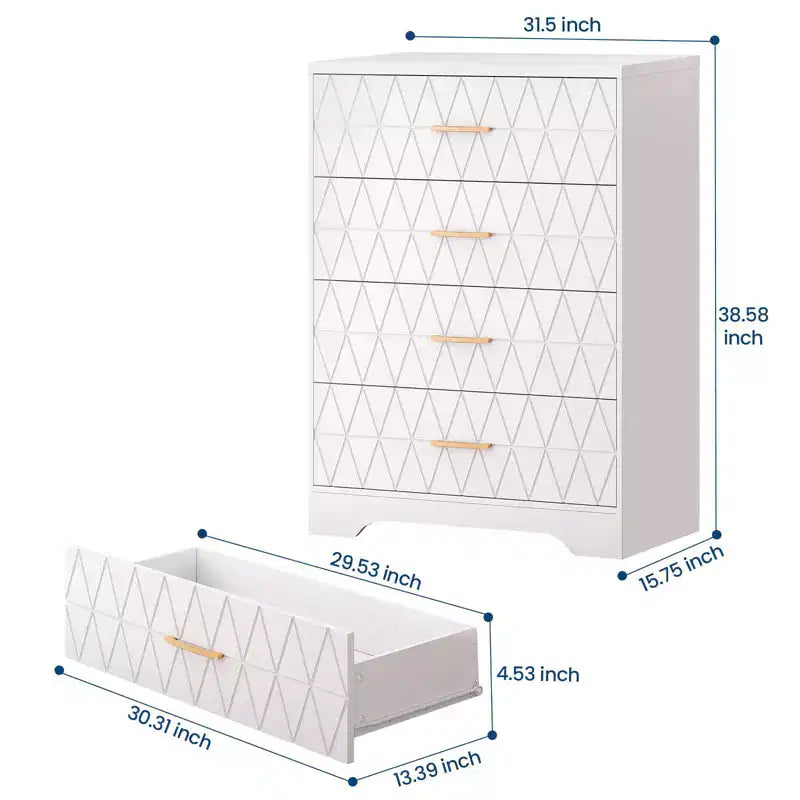 Comò in legno per camera da letto con 4 cassetti, comò moderni alti, cassettiera ampia con maniglie dorate, comodino con cassetti, armadietto organizer