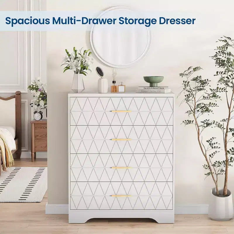 Comò in legno per camera da letto con 4 cassetti, comò moderni alti, cassettiera ampia con maniglie dorate, comodino con cassetti, armadietto organizer