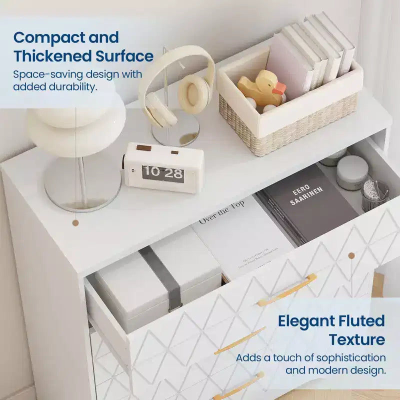 Comò in legno per camera da letto con 4 cassetti, comò moderni alti, cassettiera ampia con maniglie dorate, comodino con cassetti, armadietto organizer