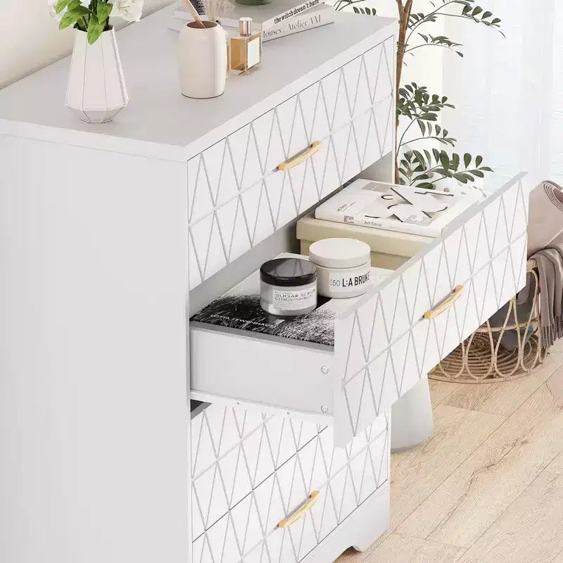 Comò in legno per camera da letto con 4 cassetti, comò moderni alti, cassettiera ampia con maniglie dorate, comodino con cassetti, armadietto organizer