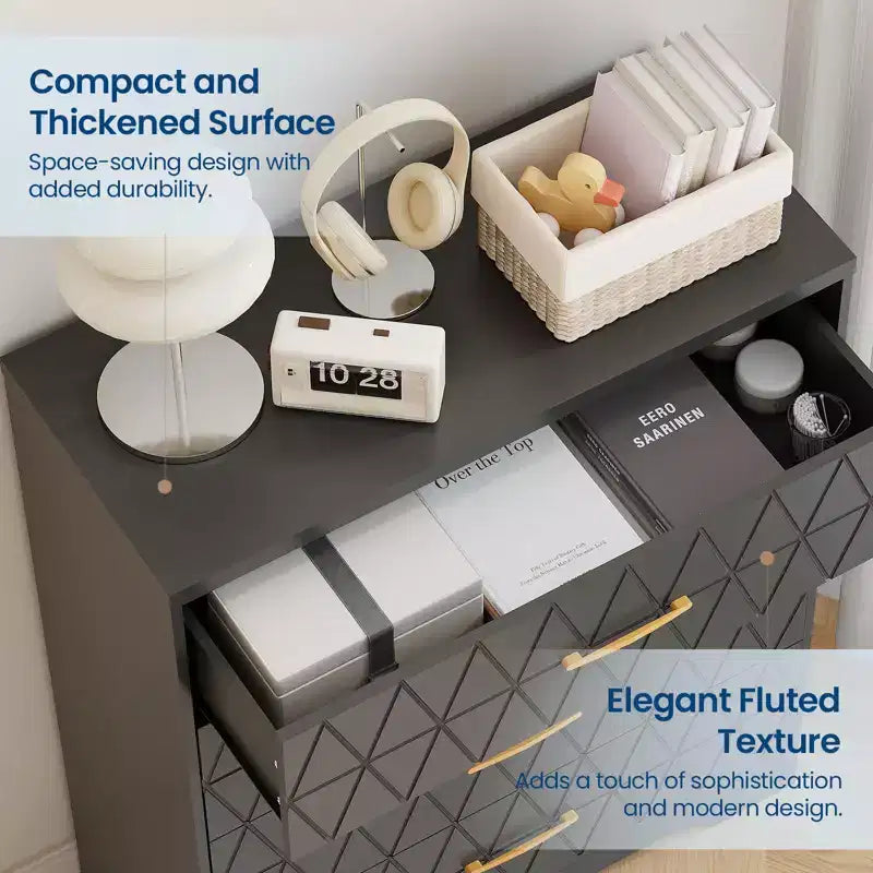 Comò in legno per camera da letto con 4 cassetti, comò moderni alti, cassettiera ampia con maniglie dorate, comodino con cassetti, armadietto organizer