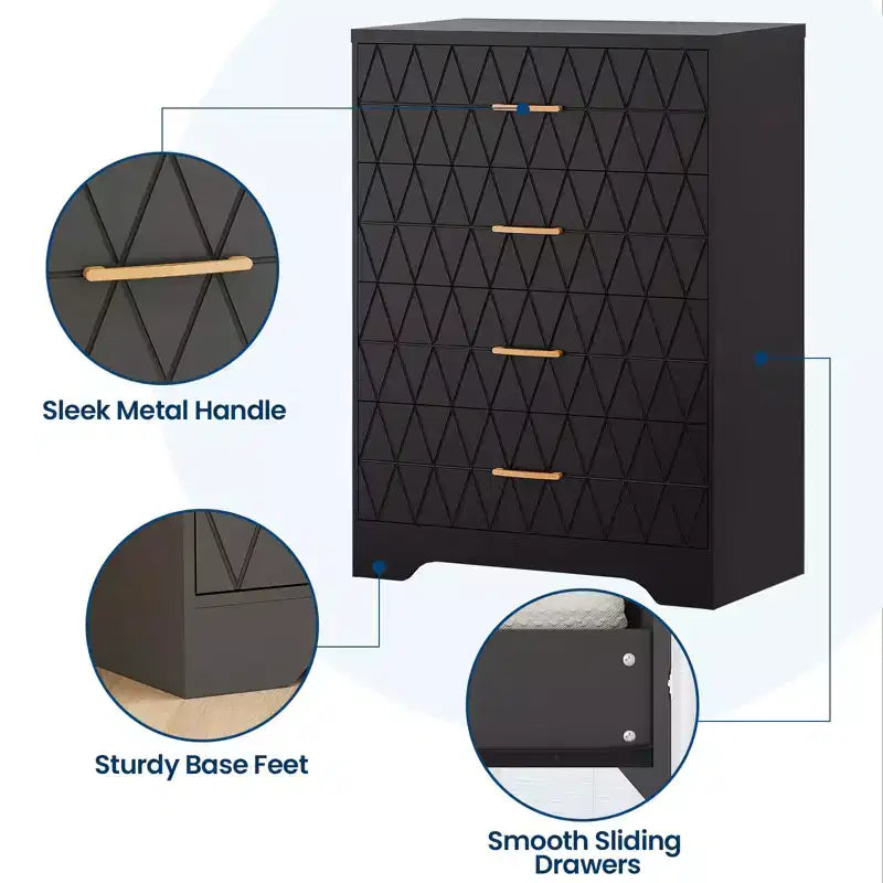 Comò in legno per camera da letto con 4 cassetti, comò moderni alti, cassettiera ampia con maniglie dorate, comodino con cassetti, armadietto organizer