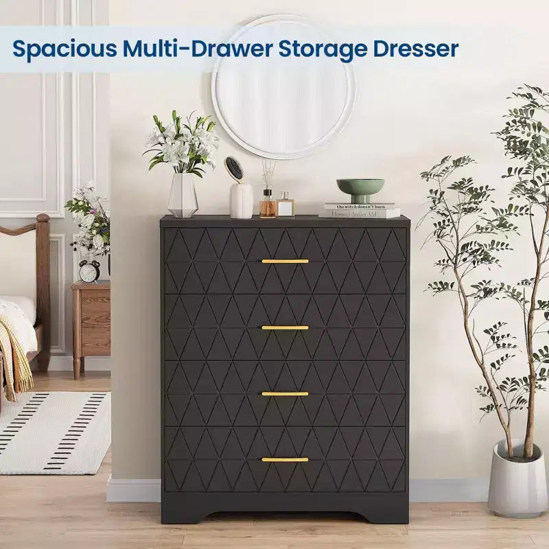 Comò in legno per camera da letto con 4 cassetti, comò moderni alti, cassettiera ampia con maniglie dorate, comodino con cassetti, armadietto organizer