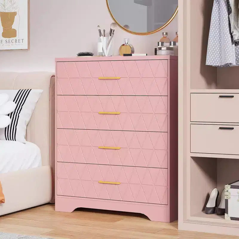 Comò in legno per camera da letto con 4 cassetti, comò moderni alti, cassettiera ampia con maniglie dorate, comodino con cassetti, armadietto organizer