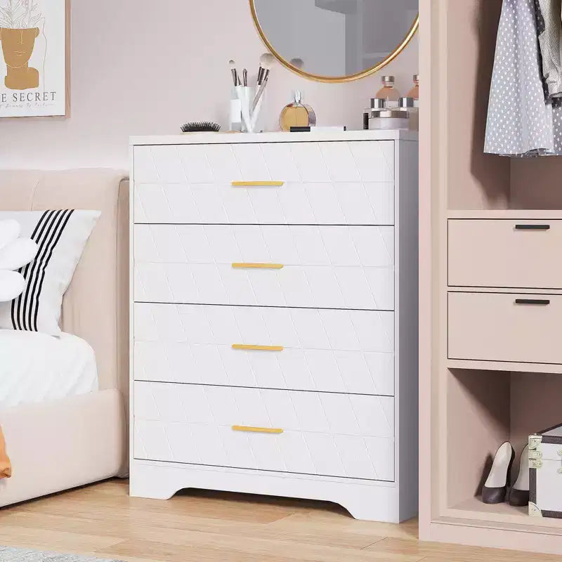 Comò in legno per camera da letto con 4 cassetti, comò moderni alti, cassettiera ampia con maniglie dorate, comodino con cassetti, armadietto organizer
