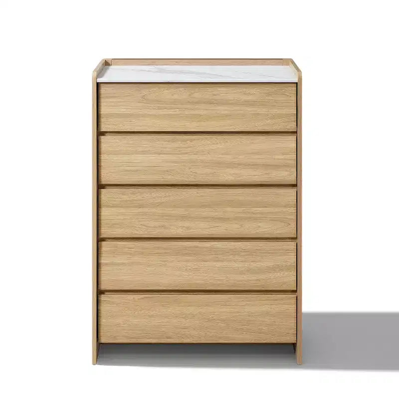LuxenHome 47.2 Tall Hazel Oak 5-Drawer Chest with Raised Sides, Faux Marble Top, Durable Manufactured Wood Brown