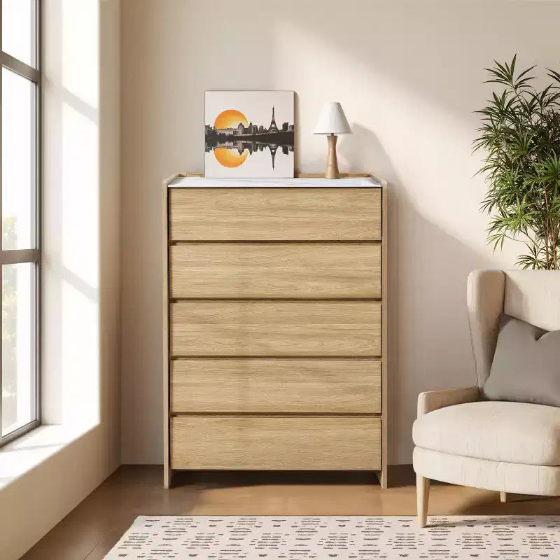 47.2" Tall 5-Drawer Chest with Faux Marble Top & Raised Sides – Hazel Oak Brown
