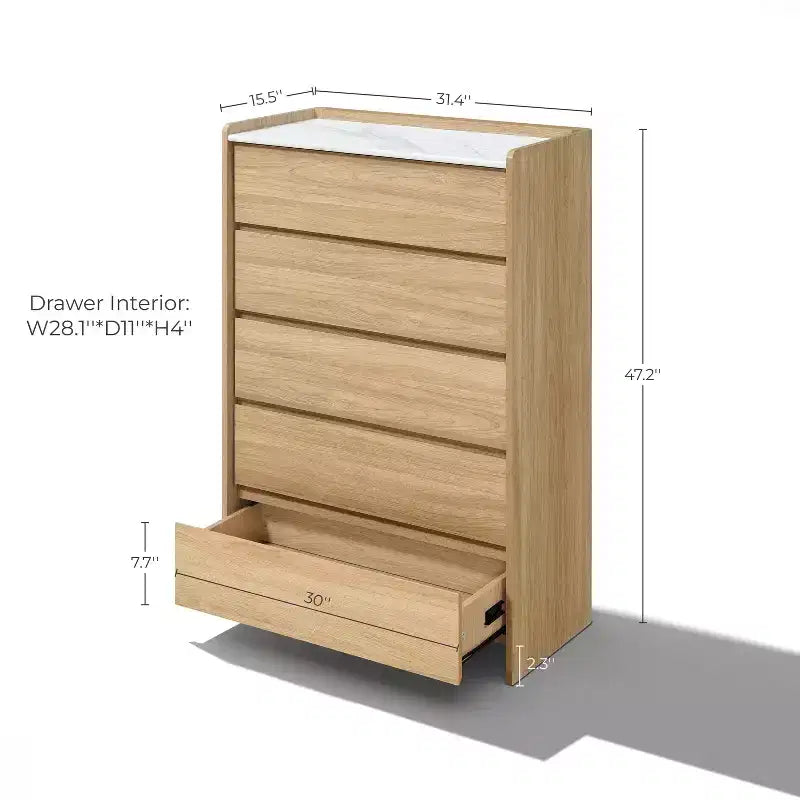 47.2" Tall 5-Drawer Chest with Faux Marble Top & Raised Sides – Hazel Oak Brown