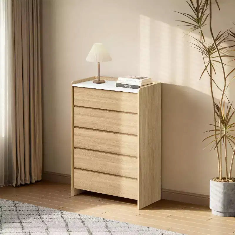 47.2" Tall 5-Drawer Chest with Faux Marble Top & Raised Sides – Hazel Oak Brown