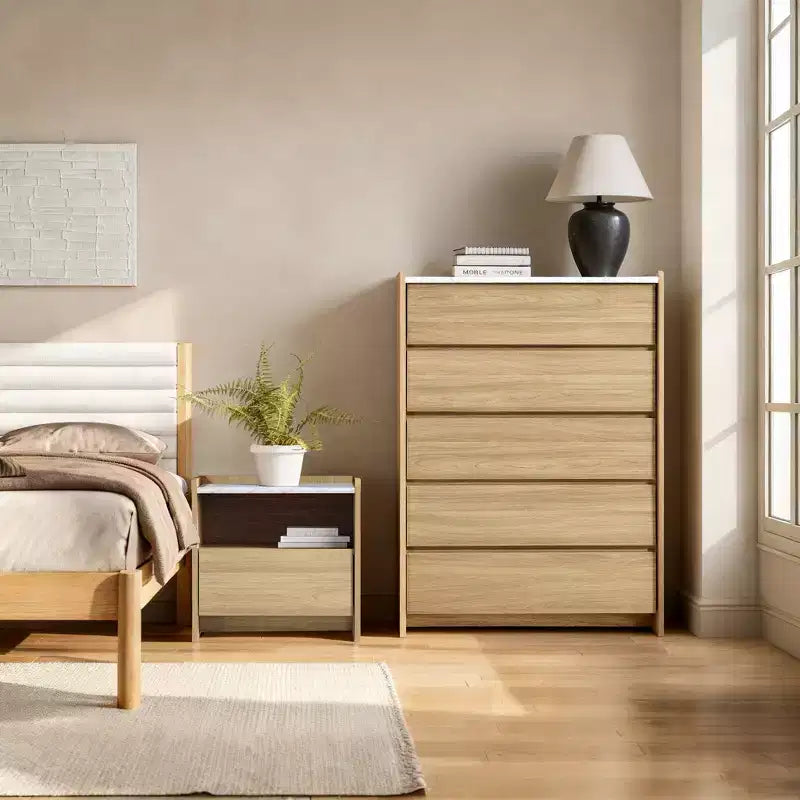 47.2" Tall 5-Drawer Chest with Faux Marble Top & Raised Sides – Hazel Oak Brown