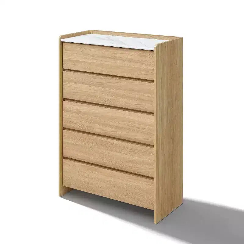 Cassettiera a 5 cassetti alta 120 cm con ripiano effetto marmo e sponde rialzate – Quercia Nocciola