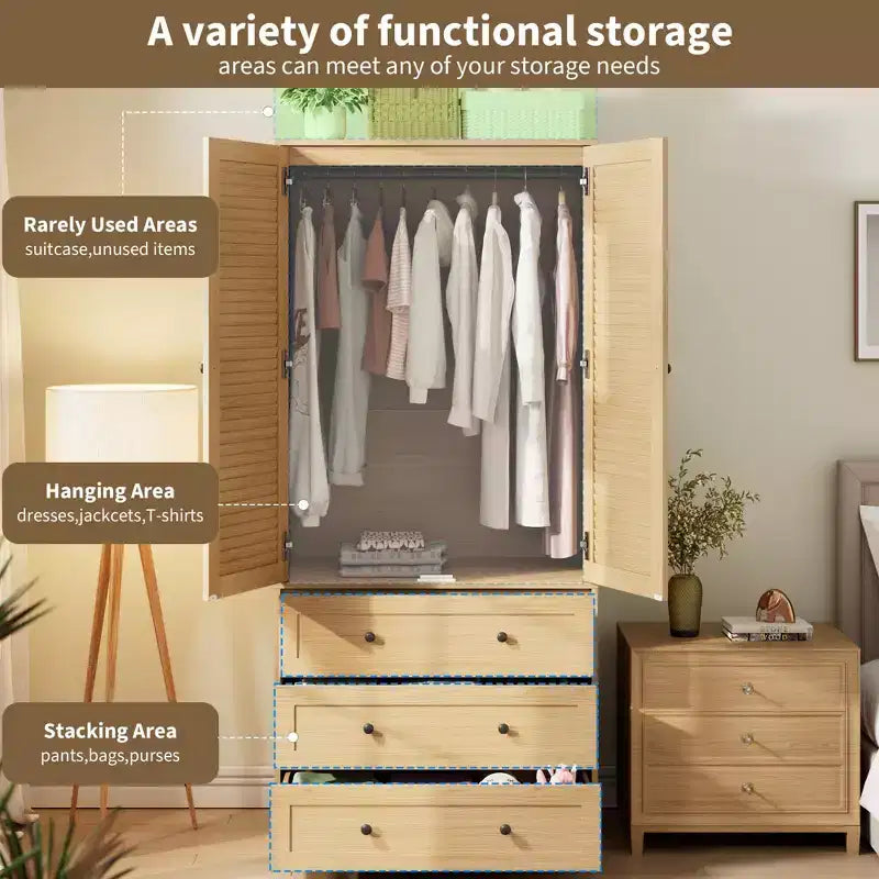 Armadio guardaroba in legno da 69,5 con 2 ante a persiana, armadio autoportante con asta appendiabiti e ampio mobile contenitore per camera da letto, naturale