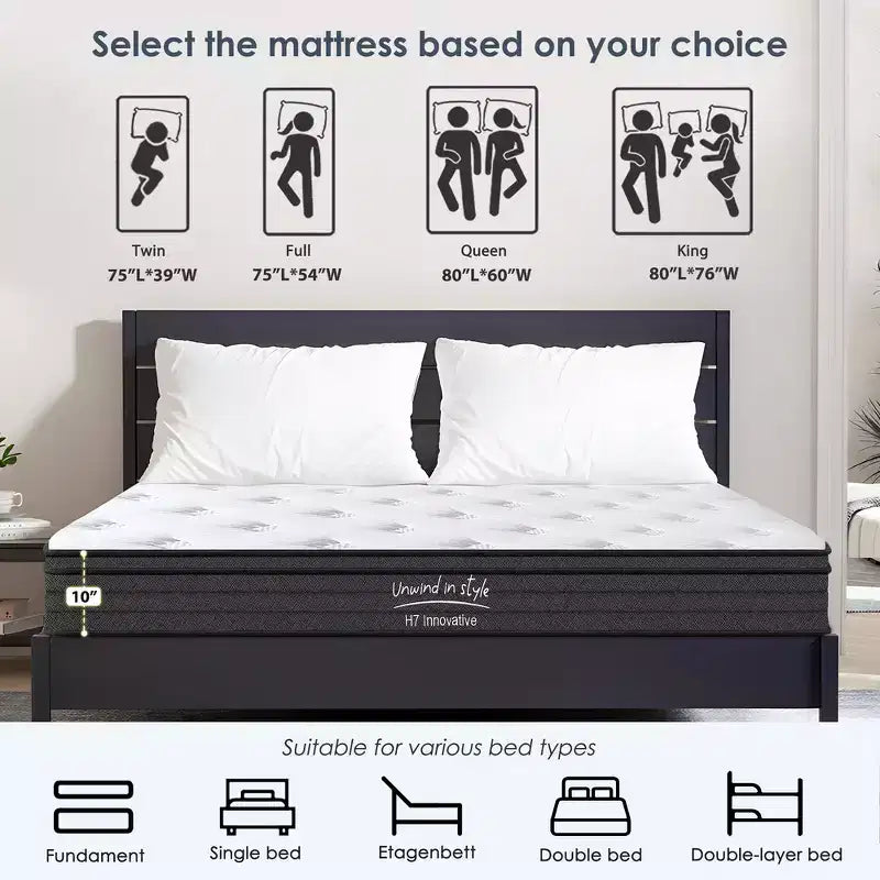 Materasso Ibrido Matrimoniale da 8'' con Memory Foam e Molle Insacchettate – Media Rigidità
