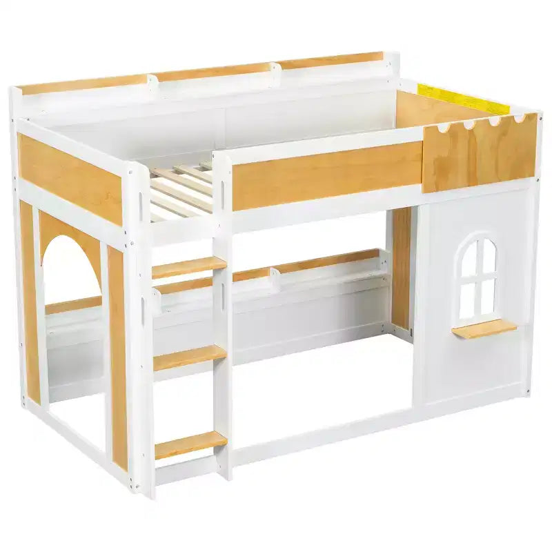Kids Castle Loft Bunk Bed with Windows, Doors & Convertible Lower Play or Sleep Space