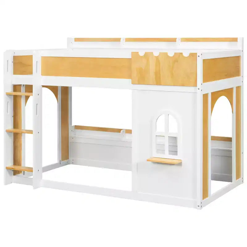 Kids Castle Loft Bunk Bed with Windows, Doors & Convertible Lower Play or Sleep Space