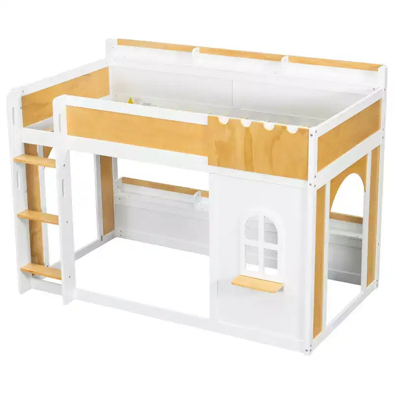 Kids Castle Loft Bunk Bed with Windows, Doors & Convertible Lower Play or Sleep Space