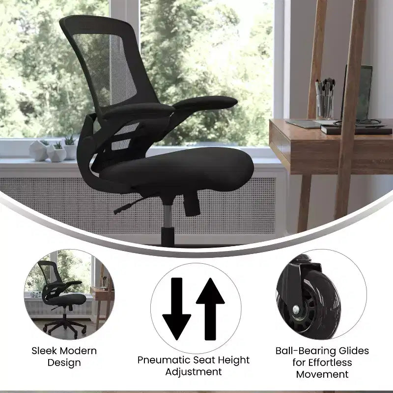 Sedia da ufficio ergonomica girevole a schienale medio con braccioli ribaltabili e ruote a rullo trasparenti
