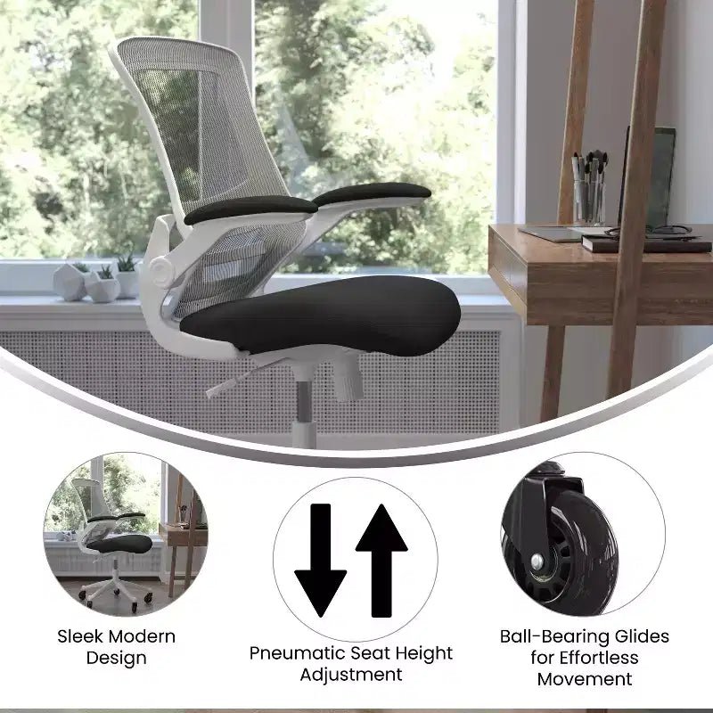 Sedia da ufficio ergonomica girevole a schienale medio con braccioli ribaltabili e ruote a rullo trasparenti