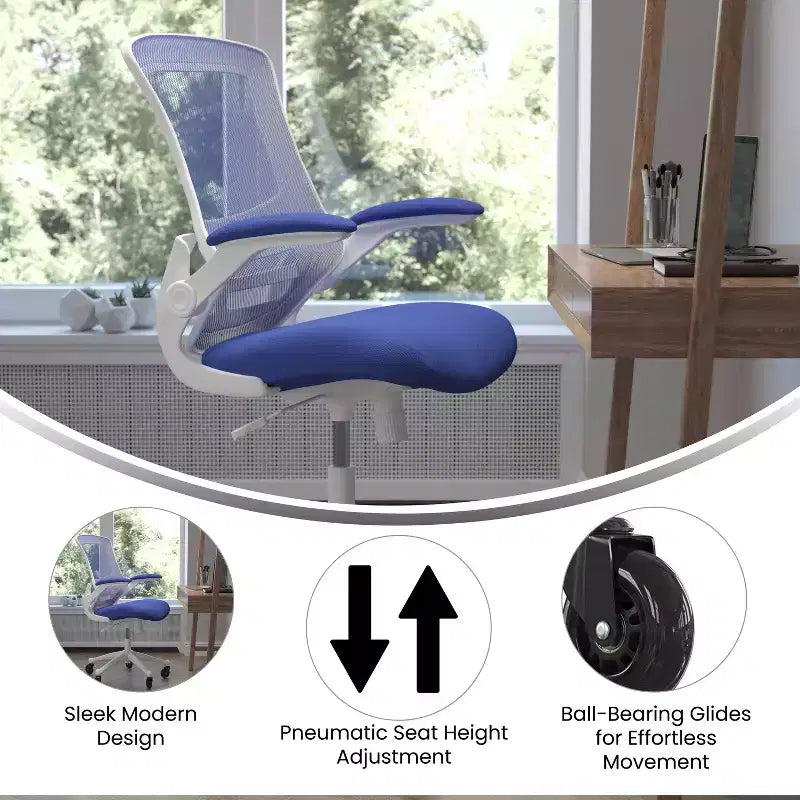 Sedia da ufficio ergonomica girevole a schienale medio con braccioli ribaltabili e ruote a rullo trasparenti