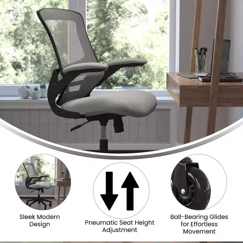 Sedia da ufficio ergonomica girevole a schienale medio con braccioli ribaltabili e ruote a rullo trasparenti