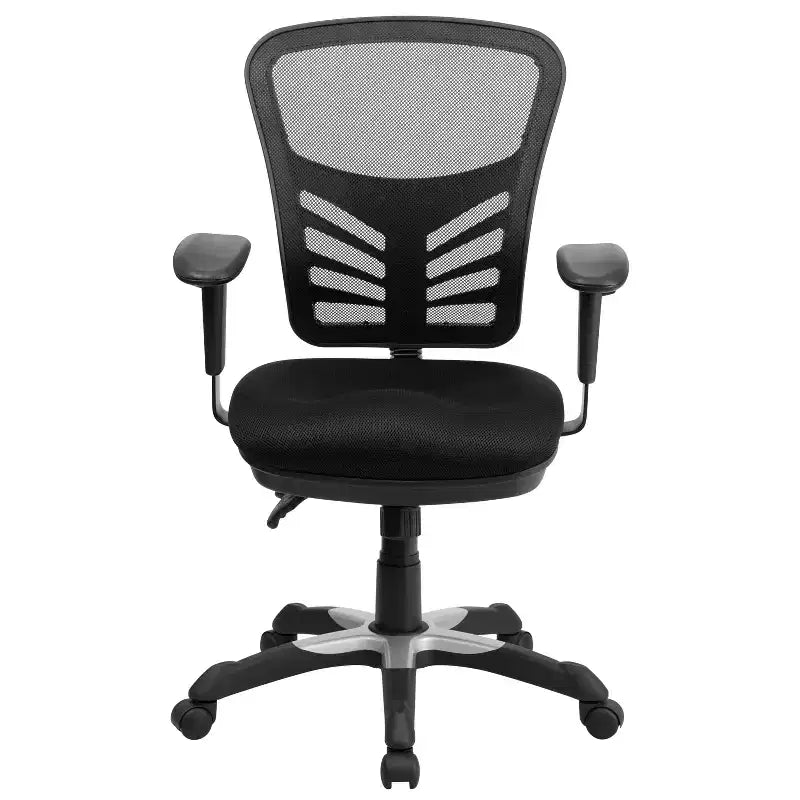 Sedia da ufficio ergonomica multifunzione in rete nera con schienale medio e braccioli regolabili