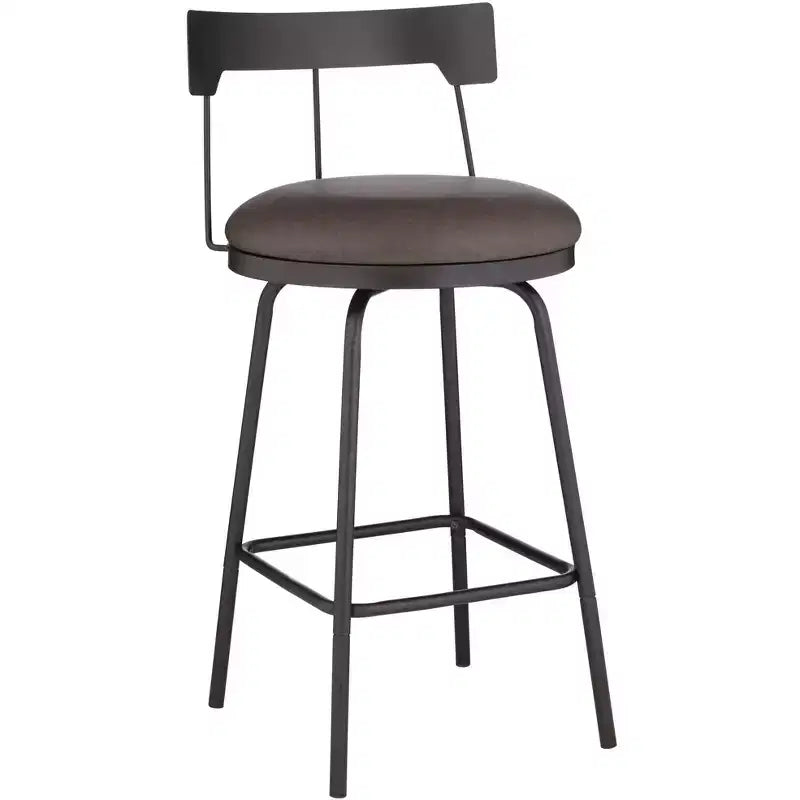 Elm Lane Maxwell Metal Swivel Bar Stool Matte Black 26 High Rustic Brown Leather Round Cushion with Low Backrest Footrest for Kitchen Counter Height