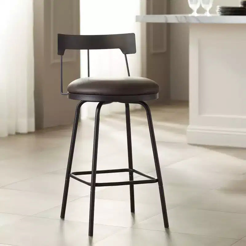 Metal Swivel Bar Stool, Matte Black, 26" Rustic Brown Leather Round Cushion, Low Backrest