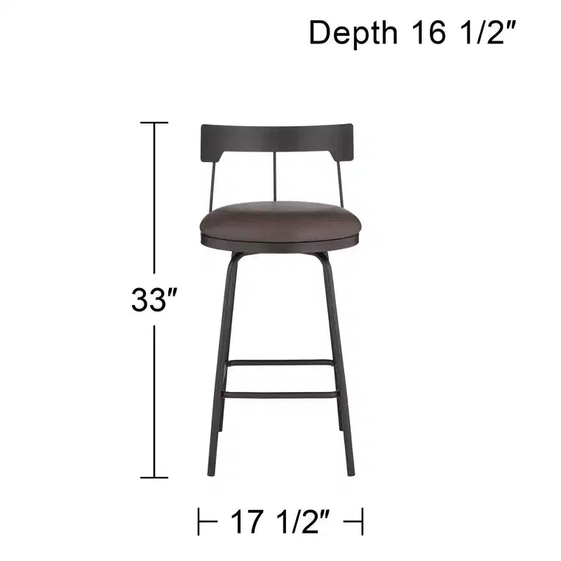 Metal Swivel Bar Stool, Matte Black, 26" Rustic Brown Leather Round Cushion, Low Backrest