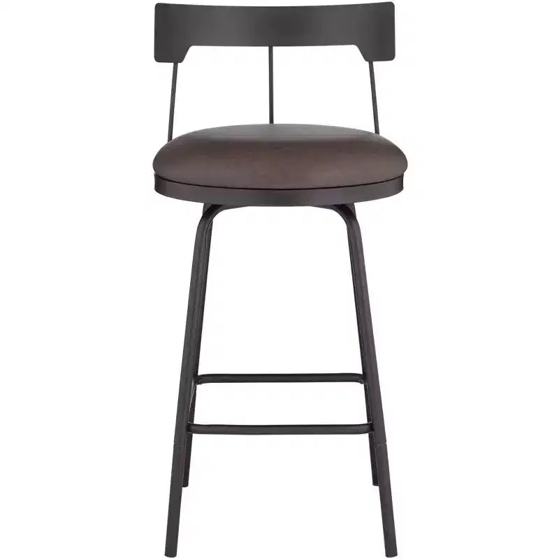 Sgabello da bar girevole in metallo, nero opaco, cuscino rotondo in pelle marrone rustico da 26", schienale basso