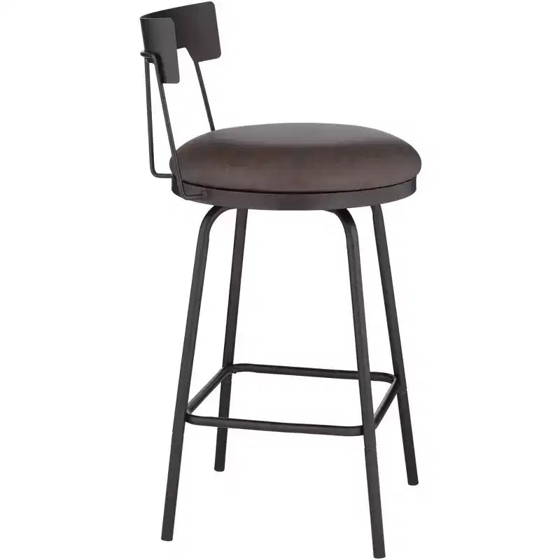 Sgabello da bar girevole in metallo, nero opaco, cuscino rotondo in pelle marrone rustico da 26", schienale basso