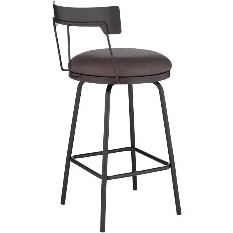 Sgabello da bar girevole in metallo, nero opaco, cuscino rotondo in pelle marrone rustico da 26", schienale basso
