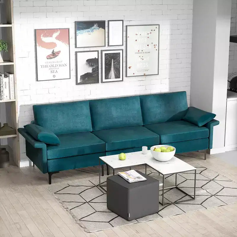 Divano modulare moderno a 3 posti in tessuto con gambe in metallo – Blu/Grigio