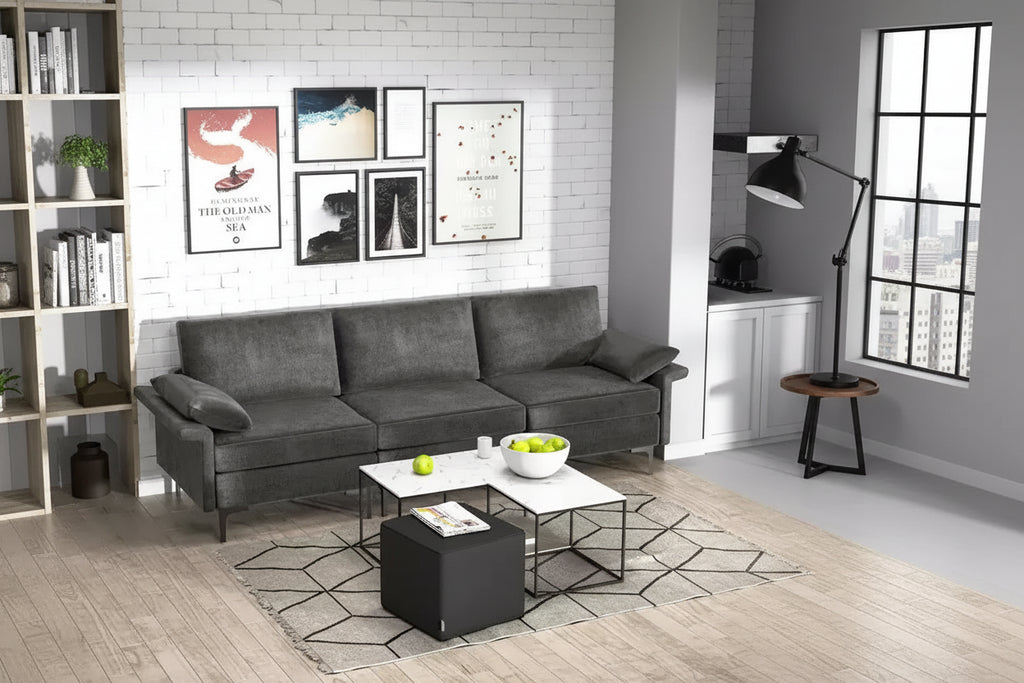 Divano modulare moderno a 3 posti in tessuto con gambe in metallo – Blu/Grigio